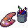 pixel art of a palette with paint, and a cup with brushes